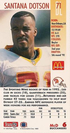 1993 GameDay McDonald's Tampa Bay Buccaneers #6 Santana Dotson Back