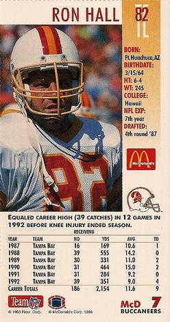 1993 GameDay McDonald's Tampa Bay Buccaneers #7 Ron Hall Back