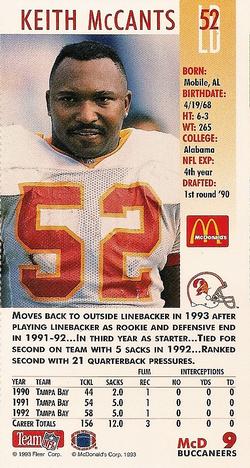 1993 GameDay McDonald's Tampa Bay Buccaneers #9 Keith McCants Back