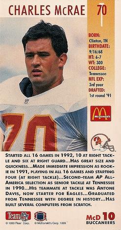 1993 GameDay McDonald's Tampa Bay Buccaneers #10 Charles McRae Back