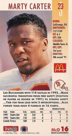 1993 GameDay McDonald's Tampa Bay Buccaneers #16 Marty Carter Back