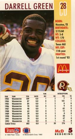 1993 GameDay McDonald's Washington Redskins #5 Darrell Green Back