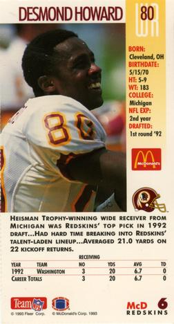 1993 GameDay McDonald's Washington Redskins #6 Desmond Howard Back