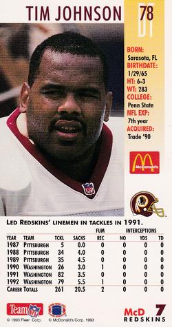 1993 GameDay McDonald's Washington Redskins #7 Tim Johnson Back