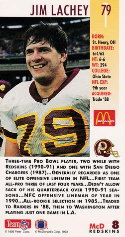 1993 GameDay McDonald's Washington Redskins #8 Jim Lachey Back
