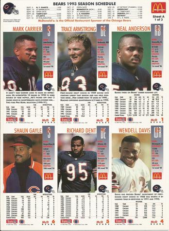 1993 GameDay McDonald's Chicago Bears - Full Panels #1 Neal Anderson / Trace Armstrong / Mark Carrier / Wendell Davis / Richard Dent / Shaun Gayle Back