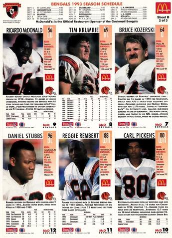 1993 GameDay McDonald's Cincinnati Bengals - Full Panels #2 Bruce Kozerski / Tim Krumrie / Ricardo McDonald / Carl Pickens / Reggie Rembert / Daniel Stubbs Back