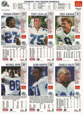 1993 GameDay McDonald's Dallas Cowboys - Full Panels #1 Troy Aikman / Tony Casillas / Thomas Everett / Charles Haley / Alvin Harper / Michael Irvin Back