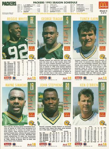 1993 GameDay McDonald's Green Bay Packers - Full Panels #3 Tunch Ilkin / Ken O'Brien / Wayne Simmons / John Stephens / George Teague / Reggie White Back