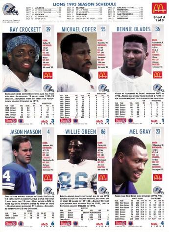 1993 GameDay McDonald's Detroit Lions - Full Panels #1 Bennie Blades / Michael Cofer / Ray Crockett / Mel Gray (KR) / Willie Green / Jason Hanson Back