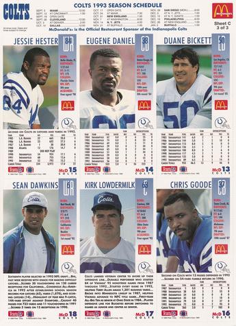 1993 GameDay McDonald's Indianapolis Colts - Full Panels #3 Duane Bickett / Eugene Daniel / Sean Dawkins / Chris Goode / Jessie Hester / Kirk Lowdermilk Back