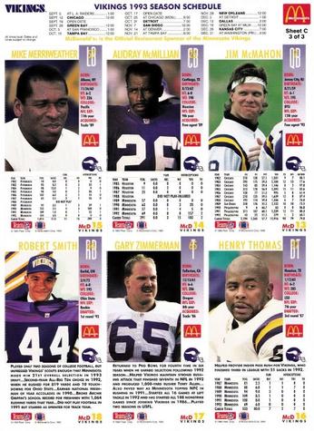 1993 GameDay McDonald's Minnesota Vikings - Full Panels #3 Jim McMahon / Audray McMillian / Mike Merriweather / Robert Smith / Henry Thomas / Gary Zimmerman Back
