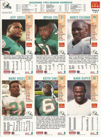 1993 GameDay McDonald's Miami Dolphins - Full Panels #1 Marco Coleman / Bryan Cox / Jeff Cross / Mark Duper / Mark Higgs / Keith Sims Back