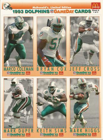 1993 GameDay McDonald's Miami Dolphins - Full Panels #1 Marco Coleman / Bryan Cox / Jeff Cross / Mark Duper / Mark Higgs / Keith Sims Front