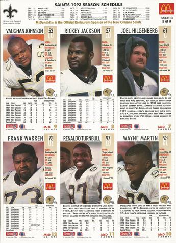 1993 GameDay McDonald's New Orleans Saints - Full Panels #2 Joel Hilgenberg / Rickey Jackson / Vaughan Johnson / Wayne Martin / Renaldo Turnbull / Frank Warren Back
