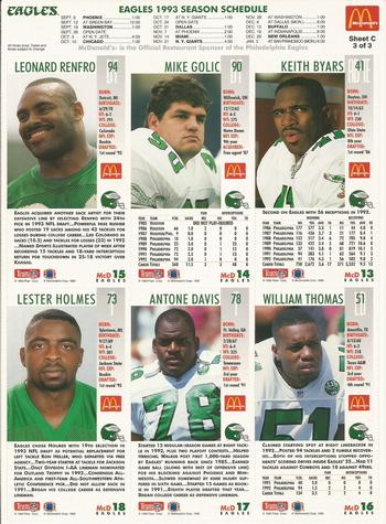 1993 GameDay McDonald's Philadelphia Eagles - Full Panels #3 Keith Byars / Antone Davis / Mike Golic / Lester Holmes / Leonard Renfro / William Thomas Back