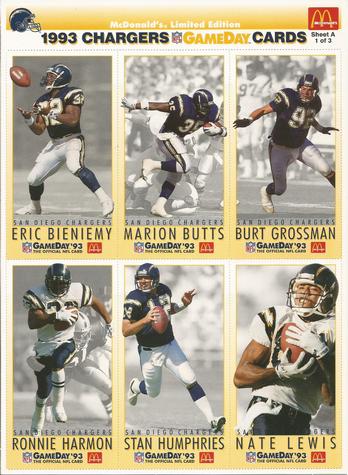 1993 GameDay McDonald's San Diego Chargers - Full Panels #1 Eric Bieniemy / Marion Butts / Burt Grossman / Ronnie Harmon / Stan Humphries / Nate Lewis Front