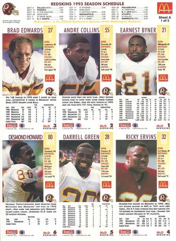 1993 GameDay McDonald's Washington Redskins - Full Panels #1 Earnest Byner / Andre Collins / Brad Edwards / Ricky Ervins / Darrell Green / Desmond Howard Back