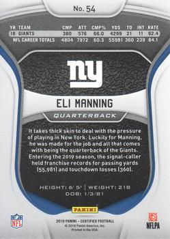 2019 Panini Certified #54 Eli Manning Back
