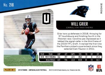 2019 Panini Unparalleled #218 Will Grier Back
