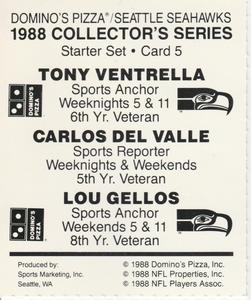 1988 Domino's Pizza Seattle Seahawks #5 Tony Ventrella / Carlos Del Valle / Lou Gellos Back