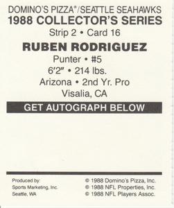1988 Domino's Pizza Seattle Seahawks #16 Ruben Rodriguez Back