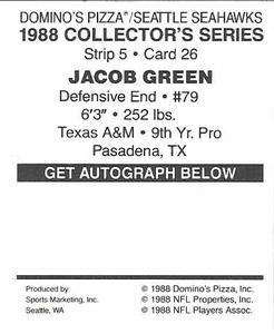 1988 Domino's Pizza Seattle Seahawks #26 Jacob Green Back