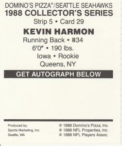 1988 Domino's Pizza Seattle Seahawks #29 Kevin Harmon Back