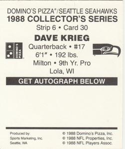 1988 Domino's Pizza Seattle Seahawks #30 Dave Krieg Back