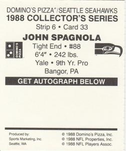 1988 Domino's Pizza Seattle Seahawks #33 John Spagnola Back
