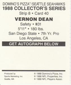 1988 Domino's Pizza Seattle Seahawks #40 Vernon Dean Back