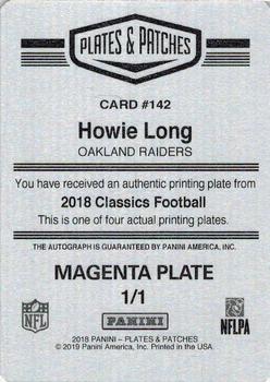 2018 Panini Plates & Patches - 2018 Panini Classics Autographs Printing Plates Magenta #142 Howie Long Back
