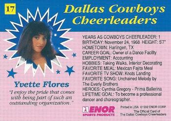 1992 Enor Dallas Cowboys Cheerleaders #17 Yvette Flores Back