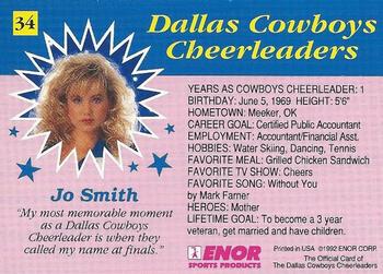 1992 Enor Dallas Cowboys Cheerleaders #34 Jo Smith Back