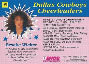 1992 Enor Dallas Cowboys Cheerleaders #39 Brooke Wicker Back