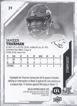 2019 Upper Deck CFL #39 Jameer Thurman Back