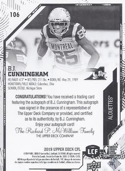2019 Upper Deck CFL - Autographs #106 B.J. Cunningham Back