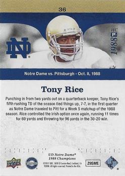 2017 Upper Deck Notre Dame 1988 Champions - Blue #36 Tony Rice Ties it up 7-7 Back