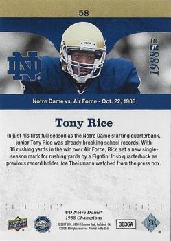 2017 Upper Deck Notre Dame 1988 Champions - Blue #58 Tony Rice Sets the Irish QB Rushing Record Back