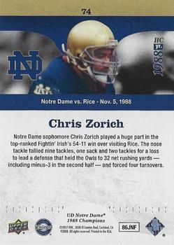 2017 Upper Deck Notre Dame 1988 Champions - Blue #74 Chris Zorich leads the Irish D Back