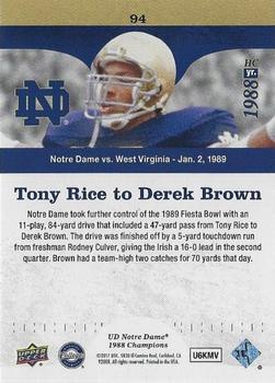 2017 Upper Deck Notre Dame 1988 Champions - Blue #94 Tony Rice to Derek Brown Back