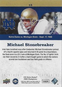 2017 Upper Deck Notre Dame 1988 Champions - Blue Pattern Rainbow #13 Michael Stonebreaker Picks off the Pass Back