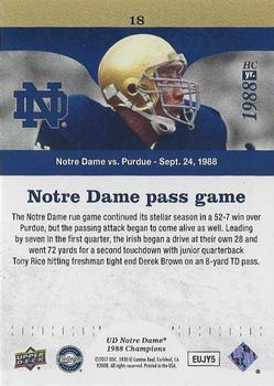 2017 Upper Deck Notre Dame 1988 Champions - Blue Pattern Rainbow #18 Tony Rice Hits Derek Brown for a TD Back