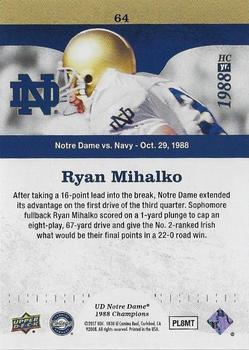 2017 Upper Deck Notre Dame 1988 Champions - Blue Pattern Rainbow #64 Ryan Mihalko Scores on a One Yard Plunge Back