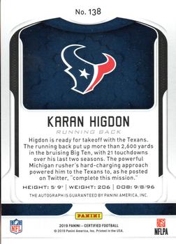 2019 Panini Certified - Mirror Blue #138 Karan Higdon Back