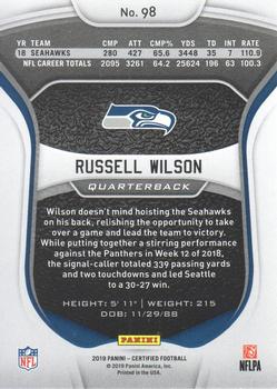 2019 Panini Certified - Mirror Red #98 Russell Wilson Back