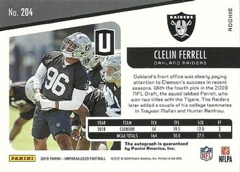2019 Panini Unparalleled - Rookie Signatures #204 Clelin Ferrell Back
