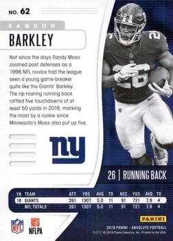 2019 Panini Absolute - Red Squares #62 Saquon Barkley Back
