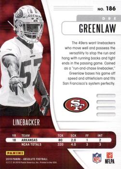 2019 Panini Absolute - Red Squares #186 Dre Greenlaw Back