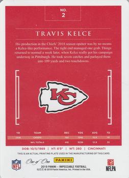 2019 Panini Impeccable - Printing Plate Yellow #2 Travis Kelce Back
